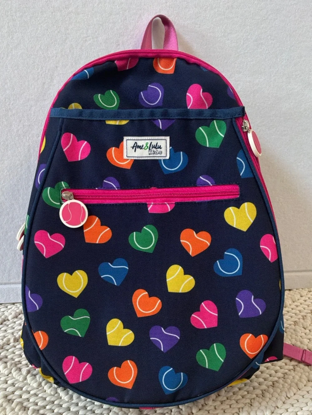 Ame and Lulu Kids Big Love Tennis Backpack Navy with Hearts